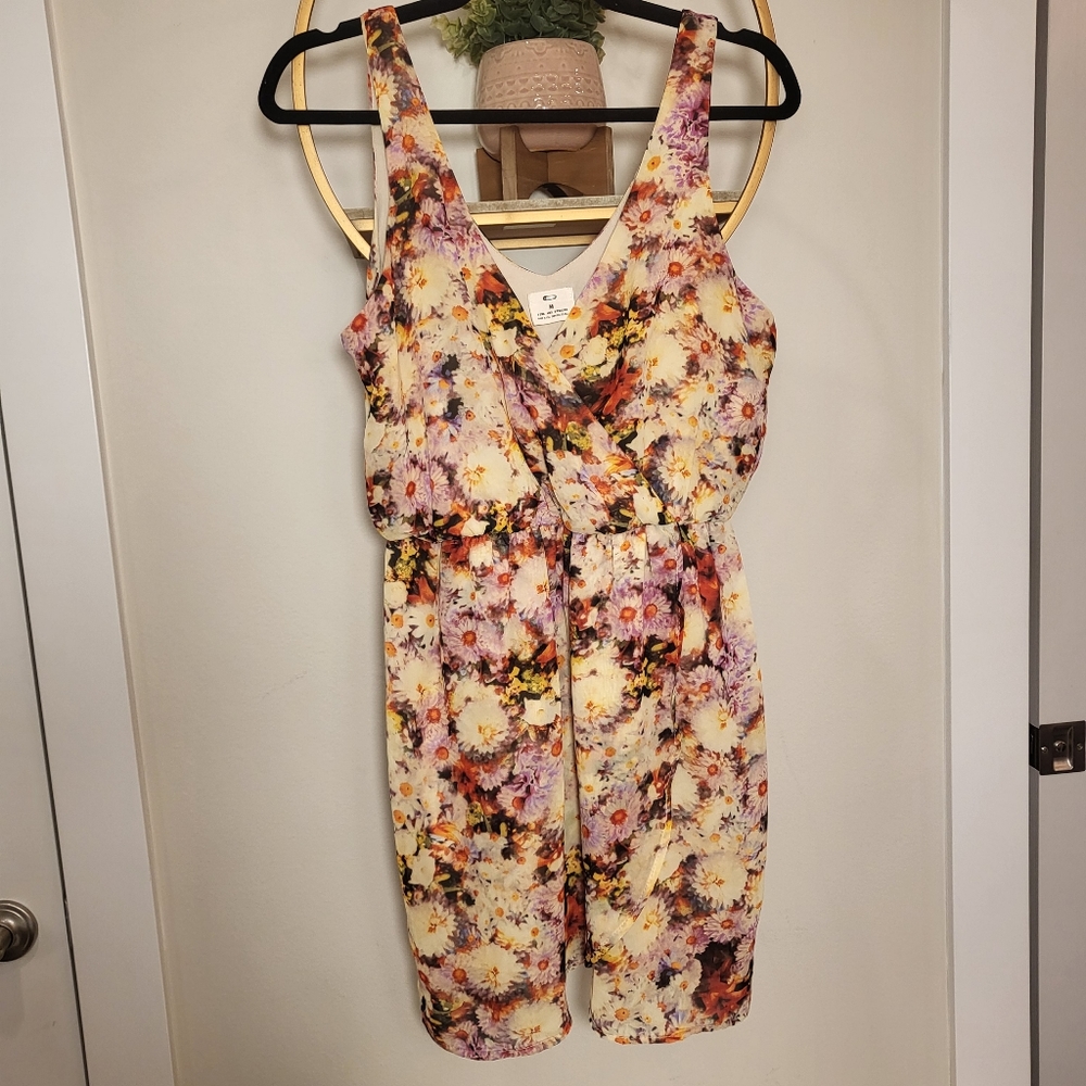 Anthropologie Pins & Needles | Medium Floral sheer + lined Faux Wrap Mini Dress